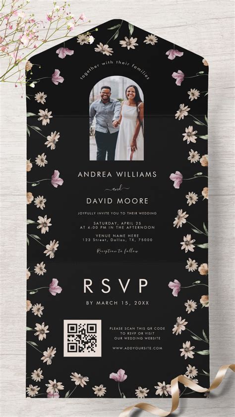 Dark Cream Wildflowers Arch Photo Qr Code Wedding All In One Invitation