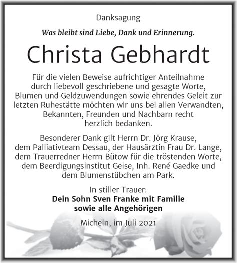 Traueranzeigen Von Christa Gebhardt Abschied Nehmende