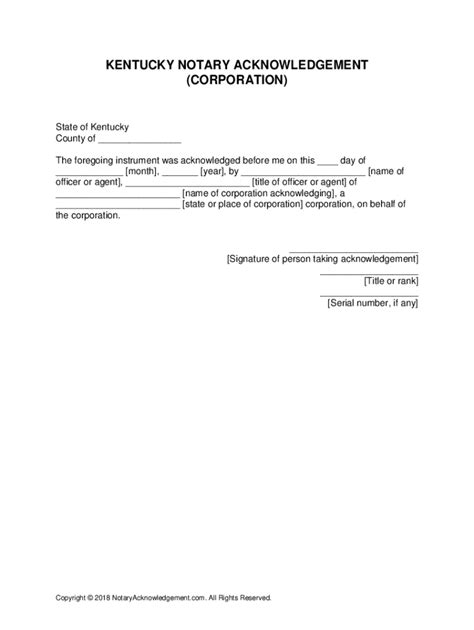 Fillable Online Kentucky Corporation Notary Acknowledgement Form Fax