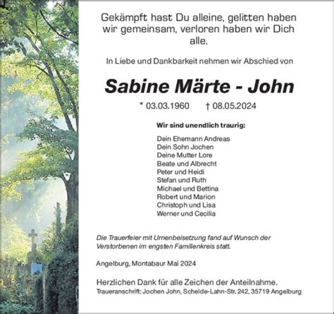 Traueranzeigen Von Sabine M Rte John Vrm Trauer De