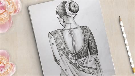 How To Draw A Gorgeous Traditional Girl With Saree Easy Saree Drawing Girl Drawing Youtube