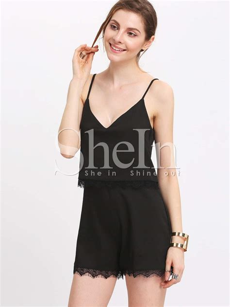 Black Spaghetti Strap With Lace Playsuit Shein Sheinside