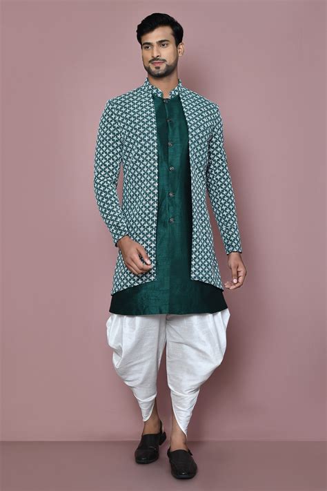 Buy Blue Banarasi Dupion Embroidery Flora Layered Sherwani With Dhoti Pant For Men By Aryavir