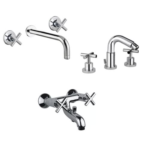 Set Miscelatore Lavabo A Muro Bidet Fori Vasca In Ottone Cromato