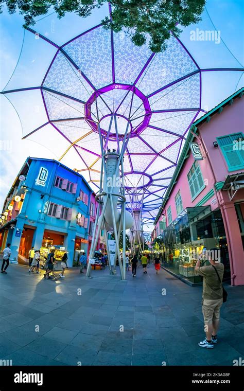 Street View Of Lighted Clarke Quay In Historic Riverside Quay Famous