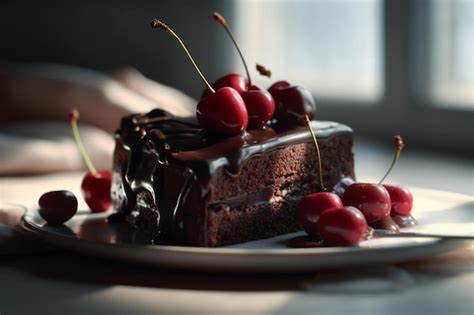 Un Trozo De Pastel De Chocolate Con Cerezas Encima Foto Premium