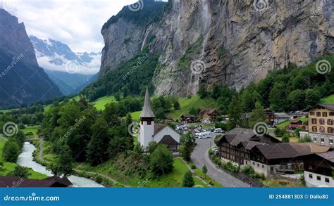 Famous Lauterbrunnen Town And Staubbach Waterfall Bernese Oberland