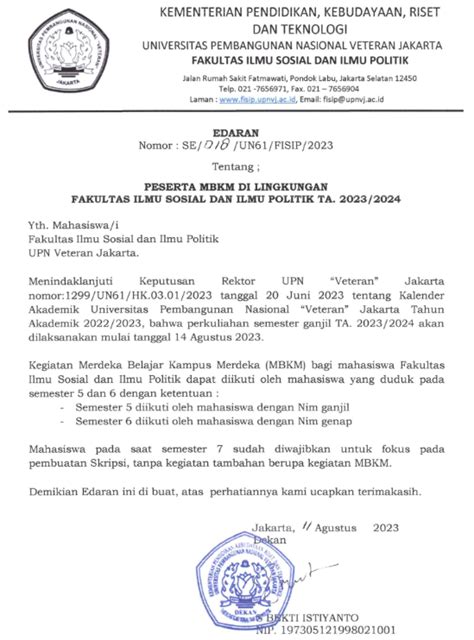 Surat Edaran Peserta MBKM Di Lingkungan FISIP UPN Veteran Jakarta TA