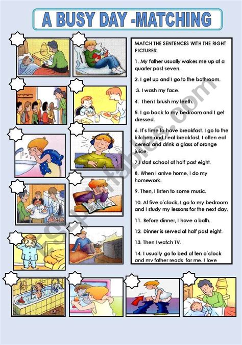 A Busy Day Matching Esl Worksheet By Princesss