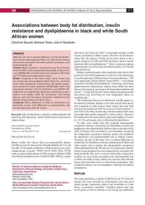 Pdf Associations Between Body Fat Distribution Insulin Resistance And Dyslipidaemia In Black