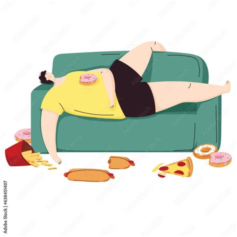 Overweight Man With Obsessive Eating Habits Eating Disorders Diet Health Flat Cartoon Vector