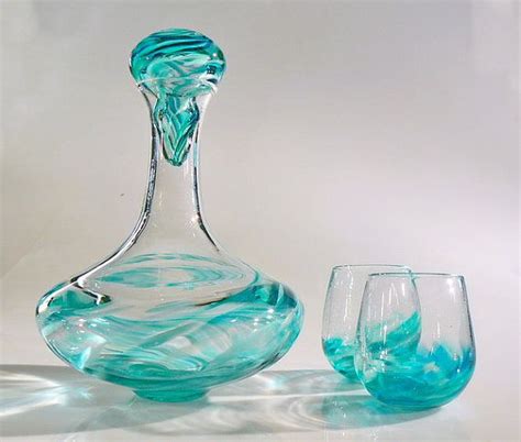 Hand Blown Glass Wine Decanter Set With Stopper In A Rainbow Of Colors On Etsy 275 00 Hand