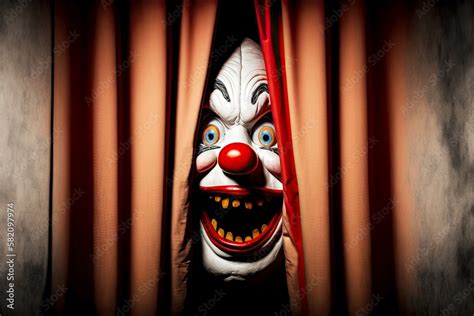 Frightening Face Of Toothy Clown Peeking Out From Behind Curtain