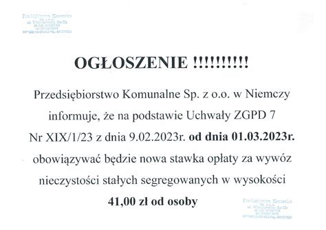 Informacja o nowej stawce opłaty za wywóz nieczystości stałych