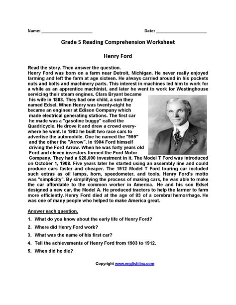 Free Printable Reading Comprehension Worksheets Grade 5 Comprehension