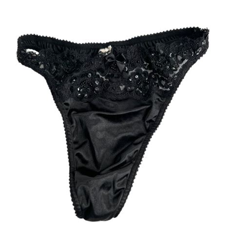 Vintage Victorias Secret Thong Second Skin Black Whit Gem