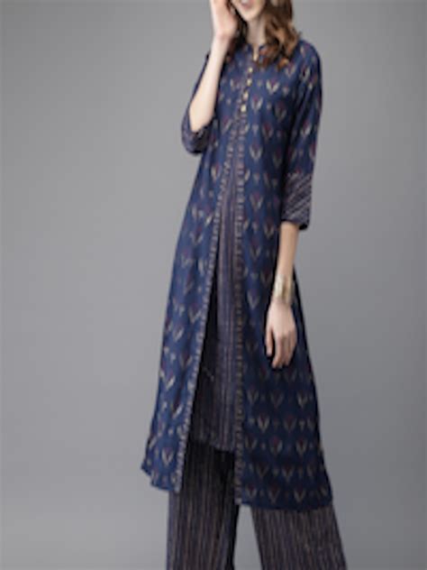 Buy Anouk Women Navy Blue And Gold Foil Print Kurta With Palazzos Kurta