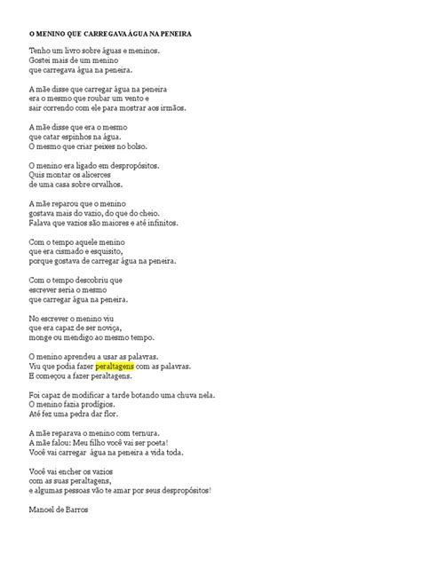 O Menino Que Carregava Agua Na Peneira - O Menino Que Carregava Água Na Peneira. Manoel de Barros | PDF
