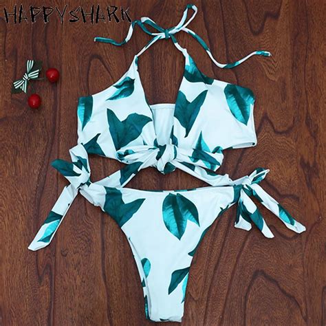 Happyshark 2018 Sexy Wrap Body Bikinis X Cross Strappy Leaves Swimwear