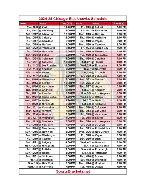 2024 25 Chicago Blackhawks Schedule Printable PDF Format Sports