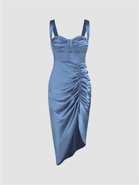 Satin V Neck Solid Ruched Midi Dress For Party Clubbing