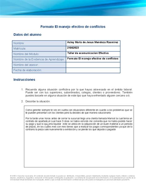 EA7 Formato Para Evidencia Formato El Manejo Efectivo De Conflictos