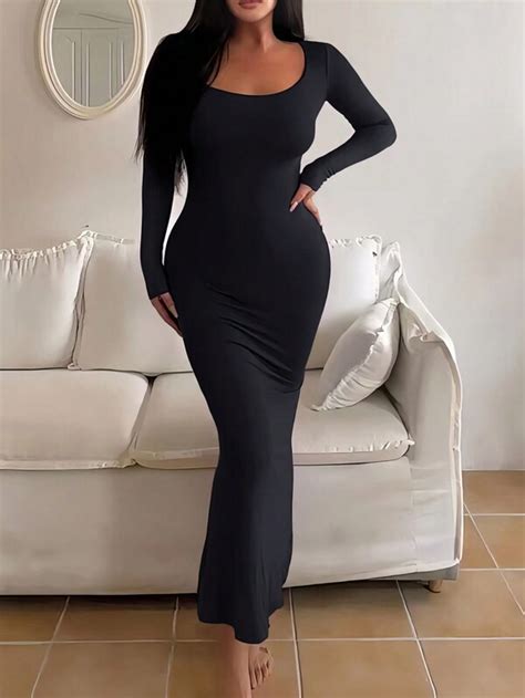 Solid Scoop Neck Bodycon Dress Shein Uk