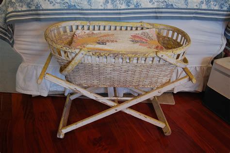 Vintage Wicker Bassinet With Stand On Wheels Chippy Yellow