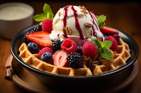 Premium AI Image Homemade Waffle Bowl Filled With Ice Cream And Fruits