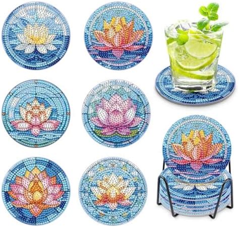 MXJSUA 6 PCS Diamond Art Coasters Stained Glass Flower Diamond Painting