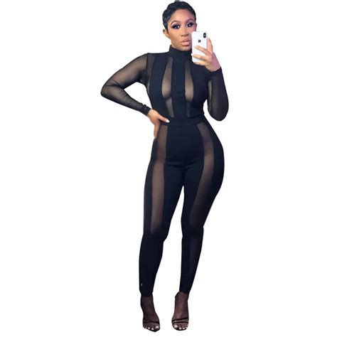 Black Sheer Mesh Patchwork Sexy Jumpsuit Women See Through Long Pants Romper Overalls Night Club