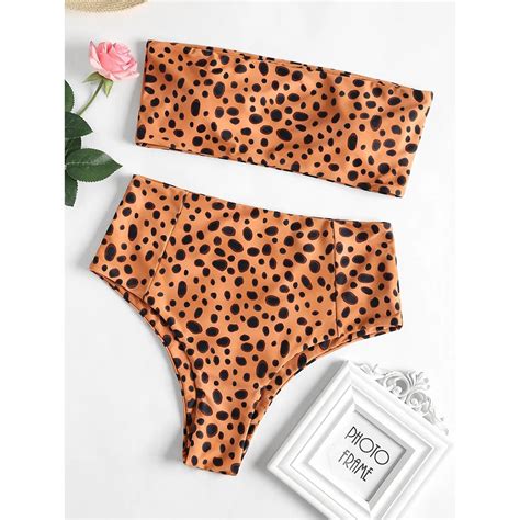 Zaful Leopard Print High Cut Bikini High Waist Bandeau Bikini Swimwear