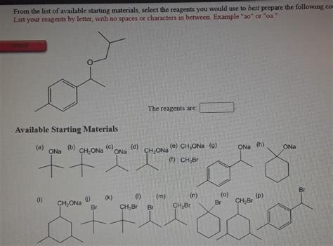 Solved From The List Of Available Starting Materials Select Chegg