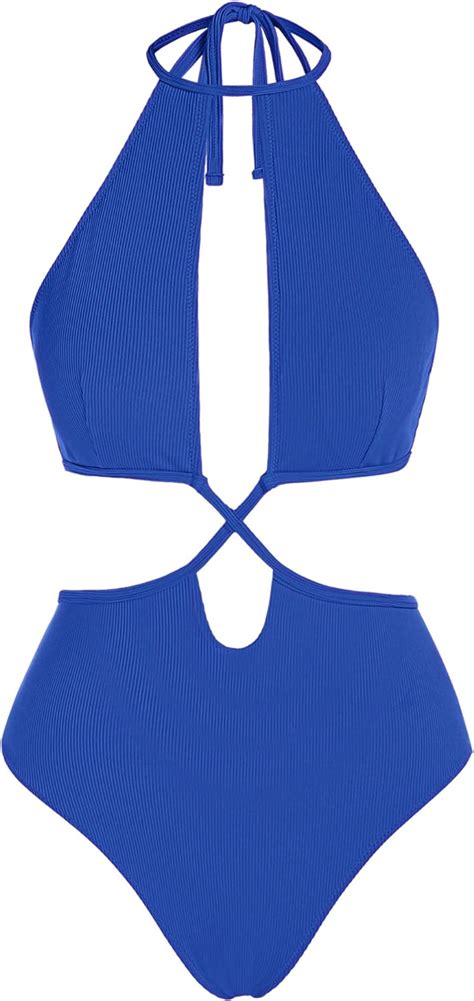 Zaful Womens One Piece Swimsuit Ribbed Criss Cross High Waisted Monokini Halter Cut