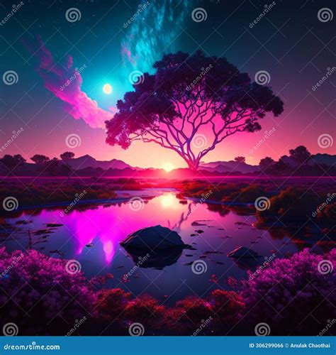 Fantasy Landscape With A Tree In The Water 3d Rendering Ai Generated Stock Illustration