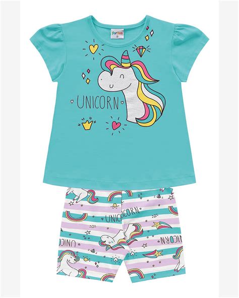 Riachuelo Conjunto Curto Infantil Menina Unicorn Azul Fakini Forfun