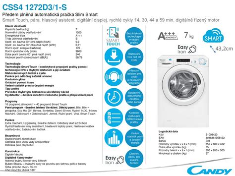 CSS4 1272D3 1 S 43 2cm Předem plněná automatická pračka Slim Smart