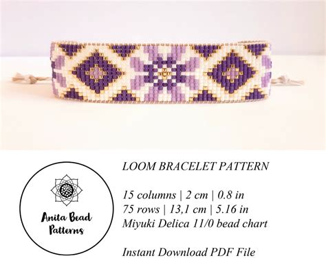 Purple Flowers Loom Bracelet Pattern Bead Loom Pattern Miyuki Delica