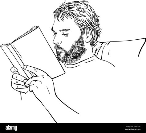 Sketch of man with beard is reading book, Hand drawn vector linear ...