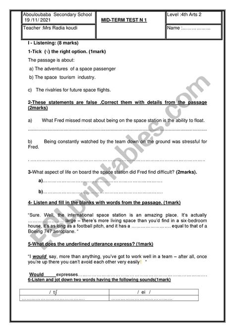 Mid Term Test Th Form Esl Worksheet By Radhiamk