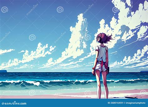 Dreamy Girl with Wind in Hair Looking at the Sky, Anime Digital Art Illustration Stock ...