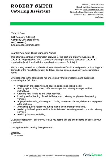 Catering Assistant Cover Letter Examples Qwikresume