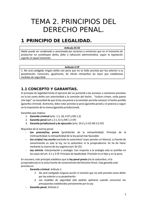 Tema 2 Dpi Apuntes 2 Tema 2 Principios Del Derecho Penal 1 Principio De Legalidad