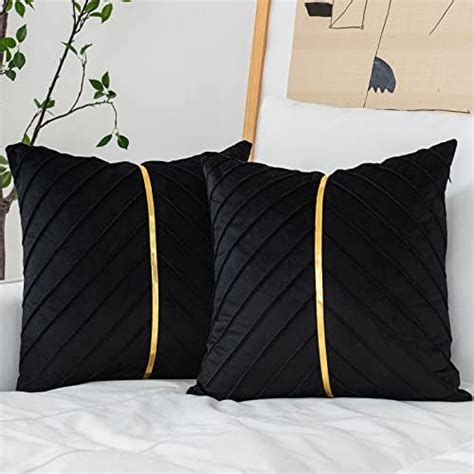 Alerfa 18 X 18 Inches Black Geometric Gold Leather Striped Cushion Cases Embroidery