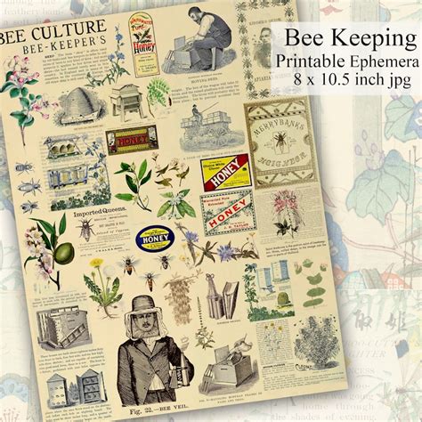 Bee Keeping Printable Ephemera Bees Bee Keepers Hives And Pollen Plants Digital Collage Sheet