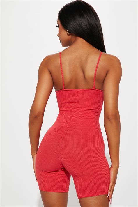 Rylee Mineral Wash Rib Romper Red Fashion Nova Rompers Fashion Nova