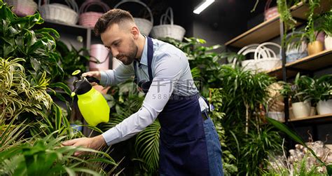 男性花匠在店里照顾绿色盆栽植物高清摄影大图 千库网