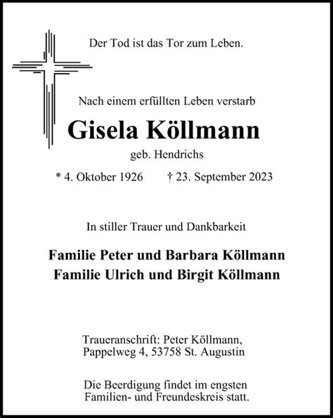 Traueranzeigen Von Gisela K Llmann Trauer In Nrw De