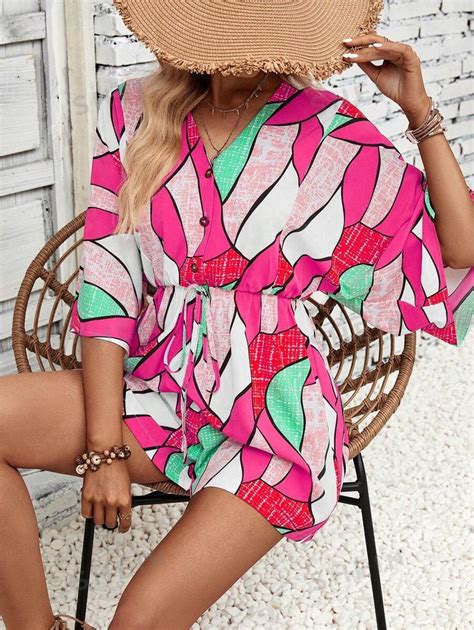 Shein Vcay Allover Print Batwing Sleeve Knot Front Romper Shein Usa