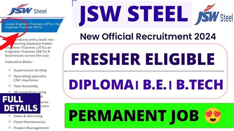 JSW STEEL New Recruitment 2024 Freshers CTC 5 9 LPA Diploma